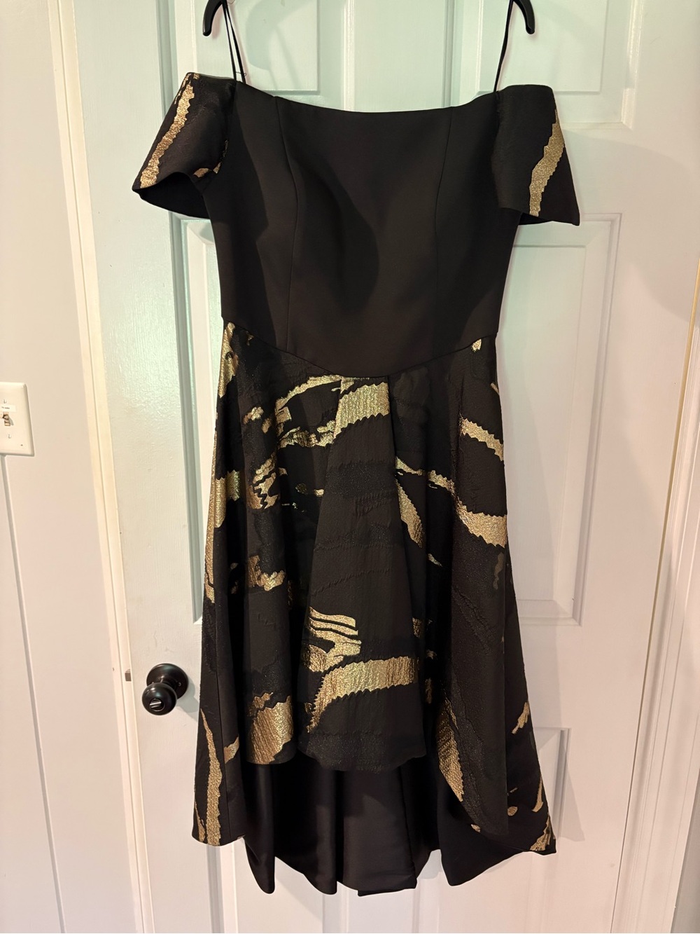 NWT John Paul Ataker Off-Shoulder Black and Gold High-Low Cocktail Dress Size 42